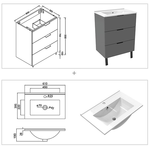 AICA SANITAIRE - AICA Meuble de salle de bain mural avec pieds 60 cm Anthracite - 3 tiroirs, lavabo céramique, Panneau AICA Sanitaire - large