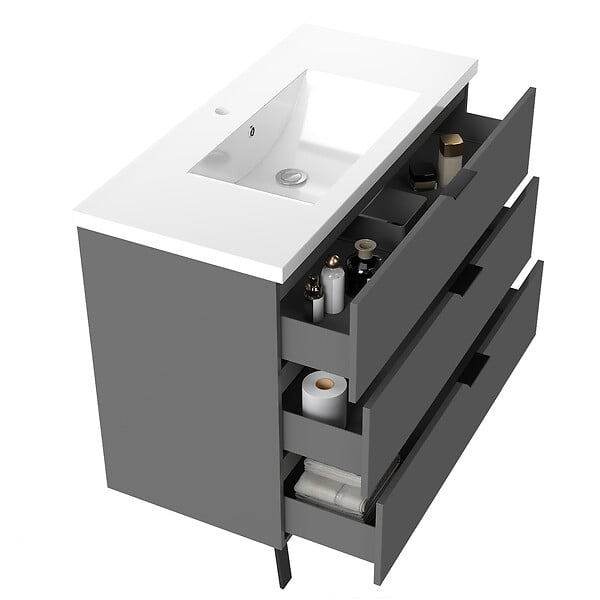 AICA SANITAIRE - AICA Meuble de salle de bain mural avec pieds Anthracite 100 cm - 3 tiroirs, lavabo inclus - large