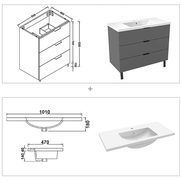 AICA SANITAIRE - AICA Meuble de salle de bain mural avec pieds Anthracite 100 cm - 3 tiroirs, lavabo inclus - large
