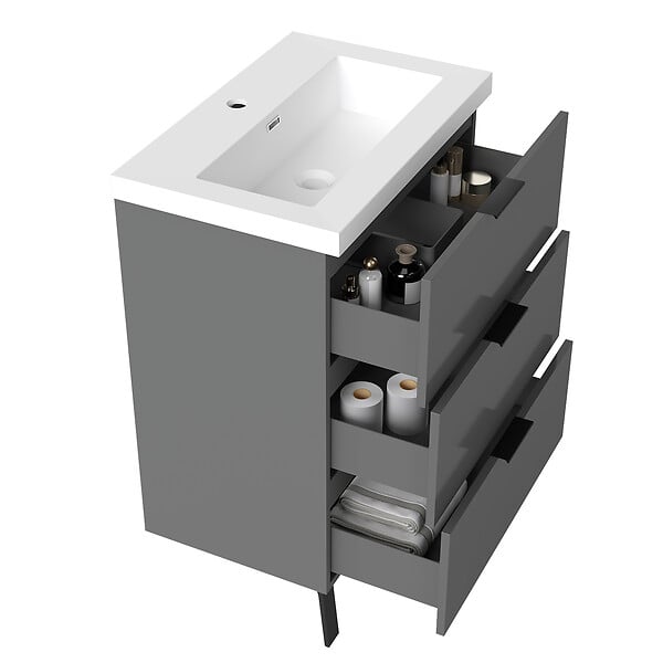 AICA SANITAIRE - AICA Meuble de salle de bain mural avec pieds 60 cm Anthracite - 3 tiroirs, lavabo (jointless & résistant) - large