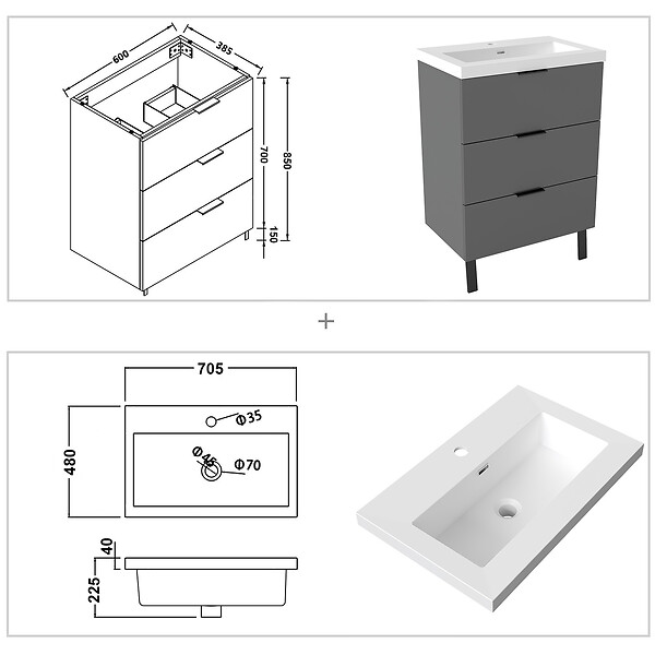 AICA SANITAIRE - AICA Meuble de salle de bain mural avec pieds 60 cm Anthracite - 3 tiroirs, lavabo (jointless & résistant) - large