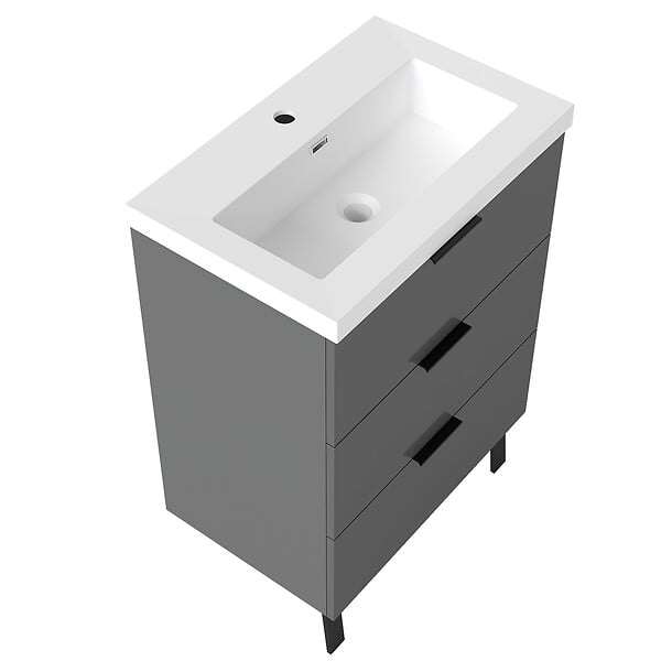 AICA SANITAIRE - AICA Meuble de salle de bain mural avec pieds 60 cm Anthracite - 3 tiroirs, lavabo (jointless & résistant) - large