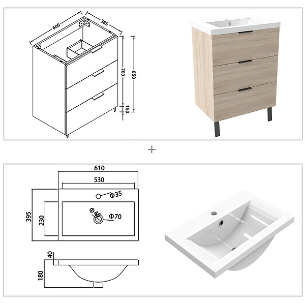 AICA SANITAIRE - AICA Meuble de salle de bain mural avec pieds 60 cm  Chêne - 3 tiroirs + Lavabo Céramique - large