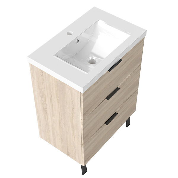 AICA SANITAIRE - AICA Meuble de salle de bain mural avec pieds 60 cm  Chêne - 3 tiroirs + Lavabo Céramique - large