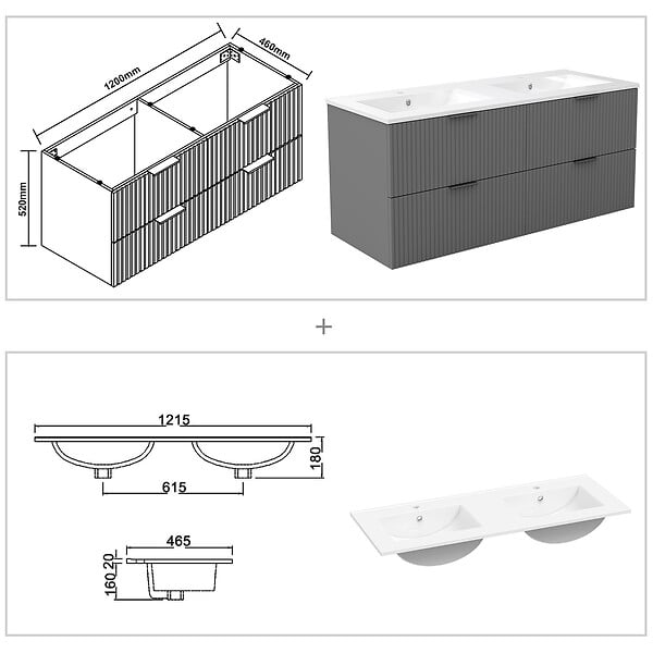 AICA SANITAIRE - AICA Meuble de salle de bain mural 120 cm Anthracite - 4 tiroirs + Lavabo double en céramique - large