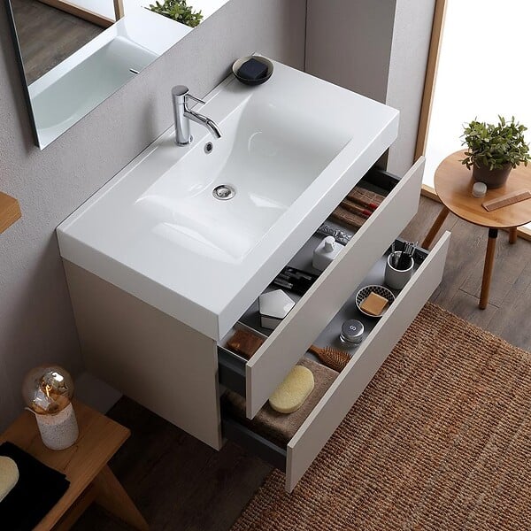 KIAMAMI VALENTINA - Meuble De Salle De Bains 90 Cm Gris Perle Avec Lavabo Et Miroir 90X70 | Valentina - large