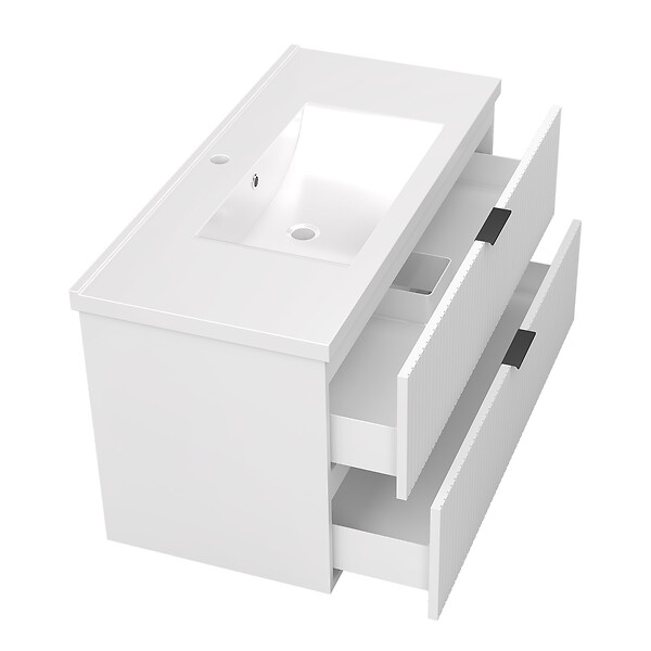 AICA SANITAIRE - AICA Meuble de salle de bain mural 100 cm Blanc - 2 tiroirs + Lavabo Céramique - large