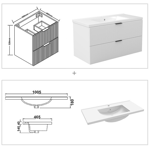 AICA SANITAIRE - AICA Meuble de salle de bain mural 100 cm Blanc - 2 tiroirs + Lavabo Céramique - large