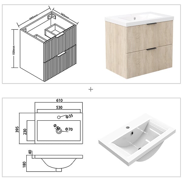 AICA SANITAIRE - AICA Meuble de salle de bain mural 60 cm Chêne - 2 tiroirs + Lavabo Céramique - large