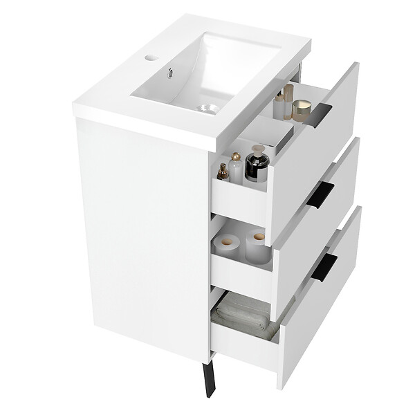 AICA SANITAIRE - AICA Meuble de salle de bain mural avec pieds 60 cm Blanc - 3 tiroirs + Lavabo Céramique - large