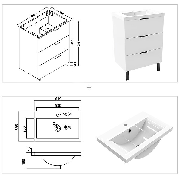 AICA SANITAIRE - AICA Meuble de salle de bain mural avec pieds 60 cm Blanc - 3 tiroirs + Lavabo Céramique - large