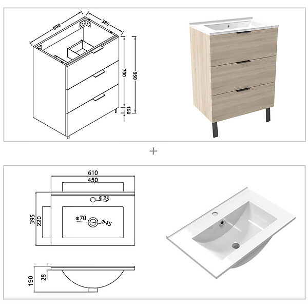AICA SANITAIRE - AICA Meuble de salle de bain mural avec pieds 60 cm Chêne - 3 tiroirs, lavabo céramique, Panneau AICA Sanitaire - large