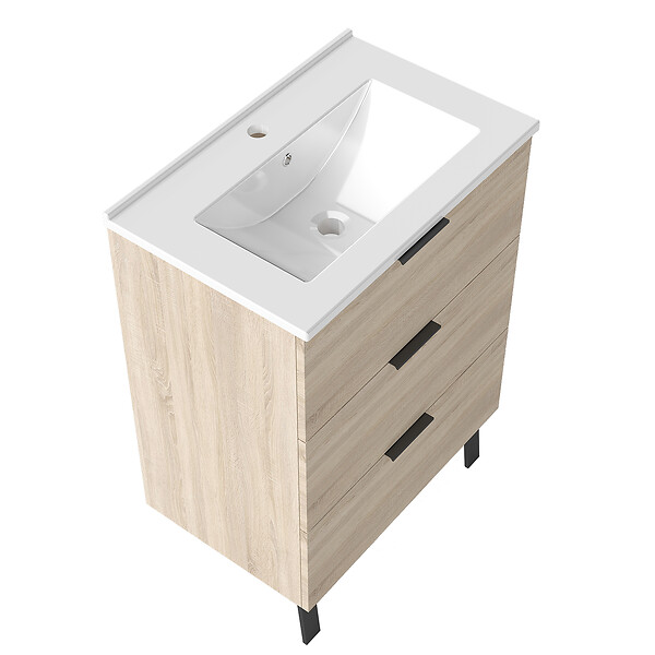 AICA SANITAIRE - AICA Meuble de salle de bain mural avec pieds 60 cm Chêne - 3 tiroirs, lavabo céramique, Panneau AICA Sanitaire - large