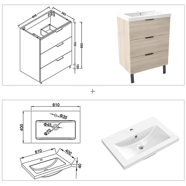AICA SANITAIRE - AICA Meuble de salle de bain mural avec pieds Chêne 60 cm - 3 tiroirs, lavabo inclus - large