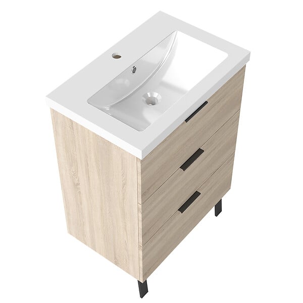 AICA SANITAIRE - AICA Meuble de salle de bain mural avec pieds Chêne 60 cm - 3 tiroirs, lavabo inclus - large
