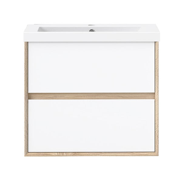 AICA SANITAIRE - Meuble de Salle de Bain Suspendu 60cm - Blanc et Chêne - 2 Tiroirs - Lavabo - Montage Détachable - large