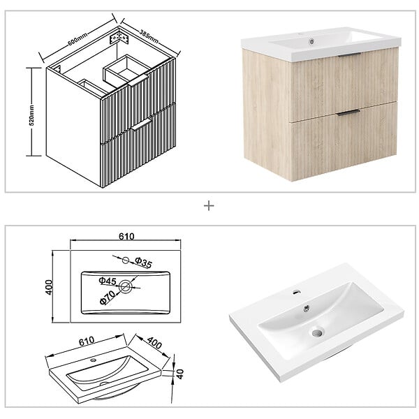 AICA SANITAIRE - AICA Meuble de salle de bain mural Chêne 60 cm - 2 tiroirs, lavabo inclus - large