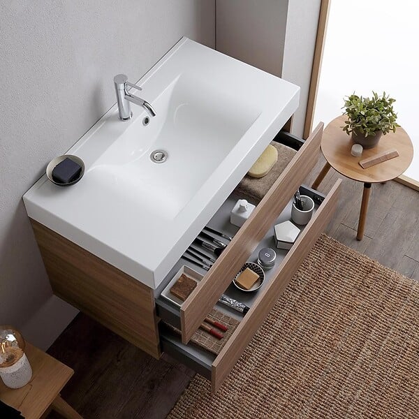 KIAMAMI VALENTINA - Meuble De Salle De Bain 90 Cm Chêne Naturel Avec Lavabo Blanc | Valentina - large