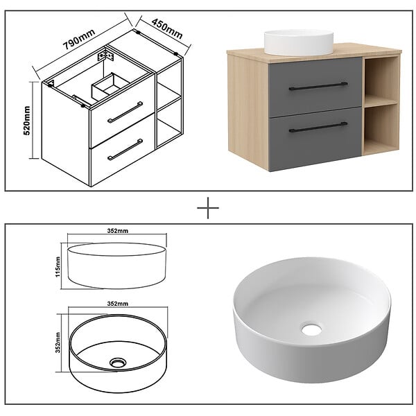 AICA SANITAIRE - AICA Ensemble Meuble Salle de Bain 80 cm et Vasque Ronde en Céramique, Tiroirs à Fermeture Douce - Anthracite + Chêne - large