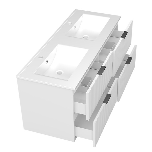 AICA SANITAIRE - AICA Meuble de salle de bain mural 120 cm Blanc - 4 tiroirs + Lavabo double en céramique - large