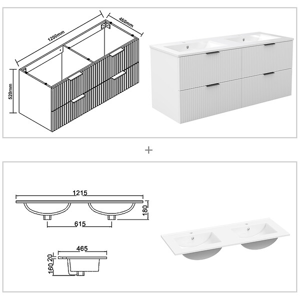 AICA SANITAIRE - AICA Meuble de salle de bain mural 120 cm Blanc - 4 tiroirs + Lavabo double en céramique - large