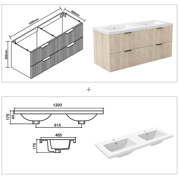 AICA SANITAIRE - AICA Meuble de salle de bain mural Chêne 120 cm - 4 tiroirs, lavabo inclus - large