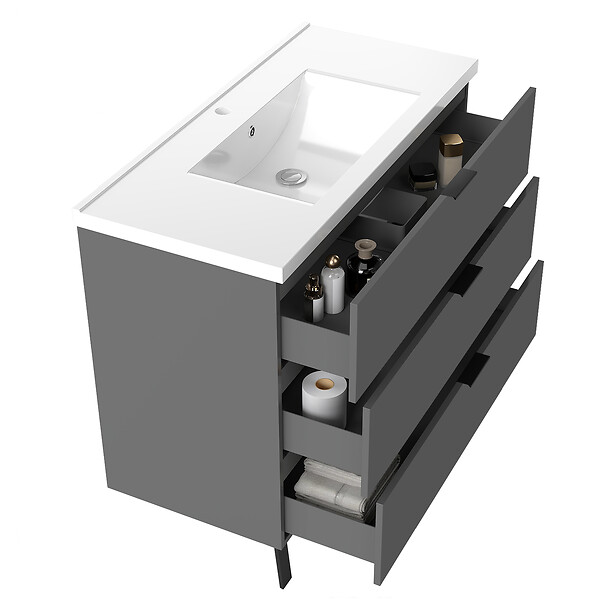 AICA SANITAIRE - AICA Meuble de salle de bain mural avec pieds 100 cm Anthracite - 3 tiroirs + Lavabo Céramique - large