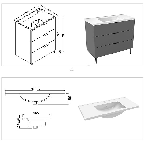 AICA SANITAIRE - AICA Meuble de salle de bain mural avec pieds 100 cm Anthracite - 3 tiroirs + Lavabo Céramique - large
