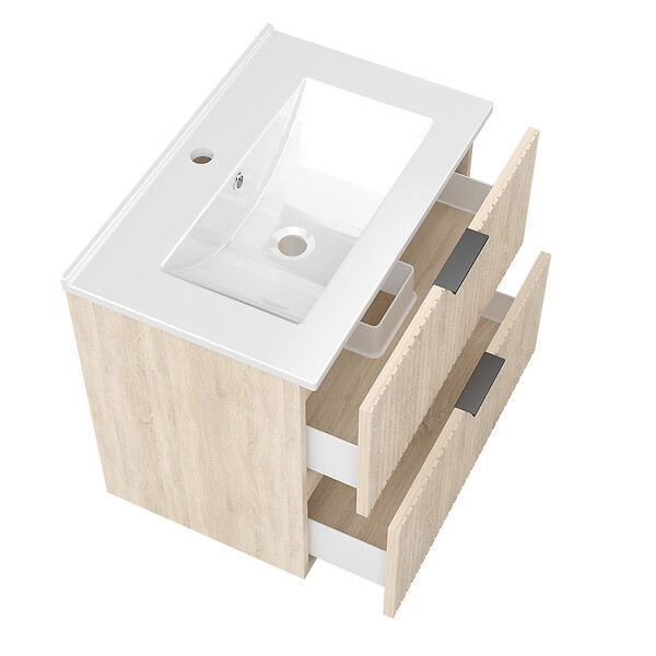 AICA SANITAIRE - AICA Meuble de salle de bain mural 60 cm Chêne - 2 tiroirs, lavabo céramique, Panneau AICA Sanitaire - large