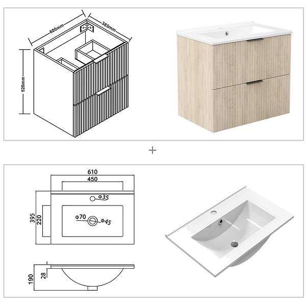 AICA SANITAIRE - AICA Meuble de salle de bain mural 60 cm Chêne - 2 tiroirs, lavabo céramique, Panneau AICA Sanitaire - large