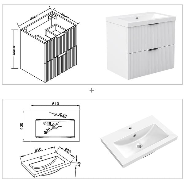 AICA SANITAIRE - AICA Meuble de salle de bain mural Blanc 60 cm - 2 tiroirs, lavabo inclus - large