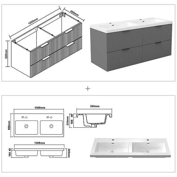 AICA SANITAIRE - AICA Meuble de salle de bain mural 120 cm Anthracite - 4 tiroirs, lavabo (jointless & résistant) - large