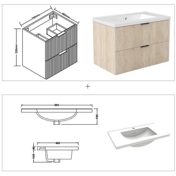 AICA SANITAIRE - AICA Meuble de salle de bain mural 80 cm Chêne - 2 tiroirs + Lavabo Céramique - large