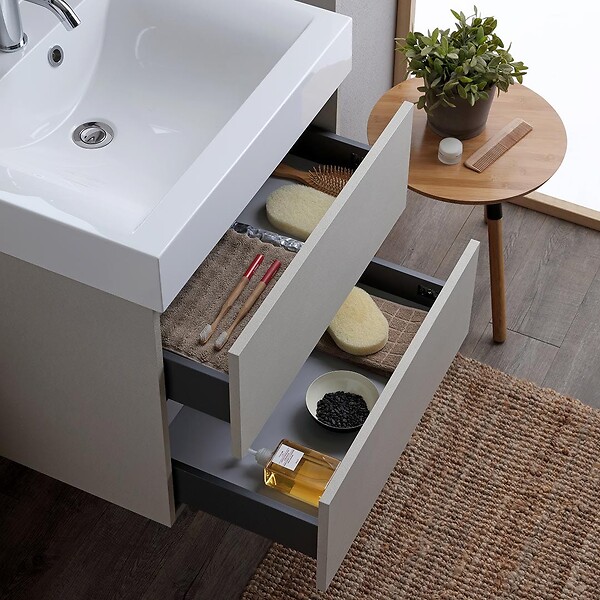 KIAMAMI VALENTINA - Meuble De Salle De Bains 60Cm 2 Tiroirs Gris Perle Avec Lavabo En Résine Et Miroir | Valentina - large