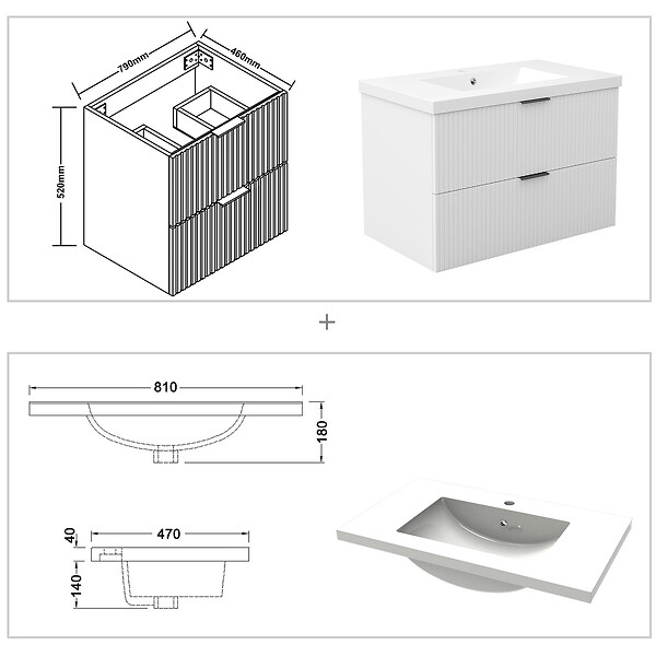 AICA SANITAIRE - AICA Meuble de salle de bain mural Blanc 80 cm - 2 tiroirs, lavabo inclus - large