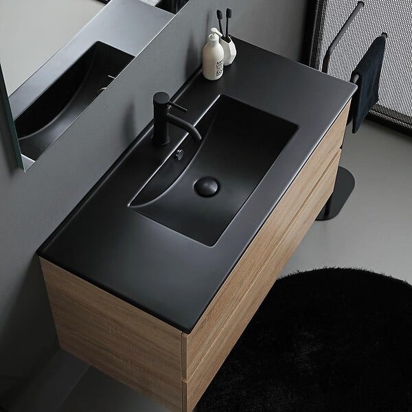 KIAMAMI VALENTINA - Meuble Salle De Bains 100Cm Chêne Avec Lavabo Noir Mat Et Miroir Avec Lampe | Berlin - large