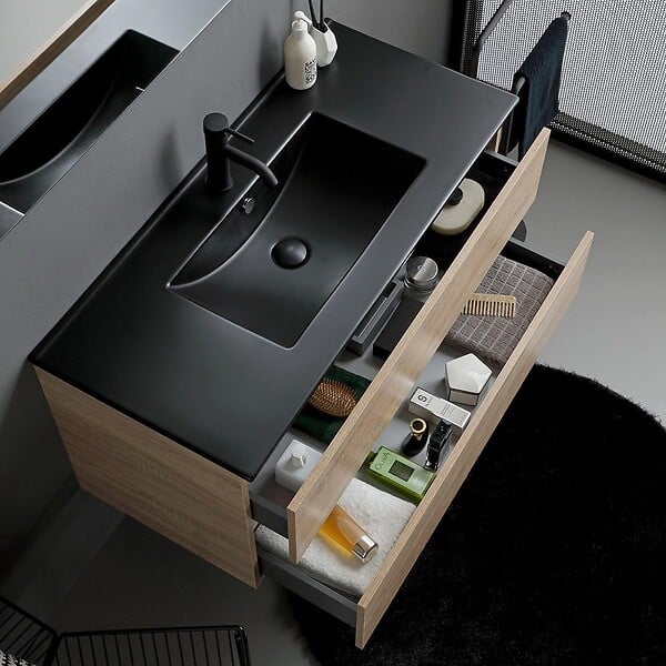 KIAMAMI VALENTINA - Meuble Salle De Bains 100Cm Chêne Avec Lavabo Noir Mat Et Miroir Avec Lampe | Berlin - large