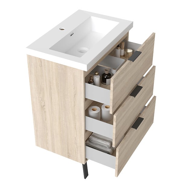 AICA SANITAIRE - AICA Meuble de salle de bain mural avec pieds 60 cm Chêne - 3 tiroirs, lavabo (jointless & résistant) - large