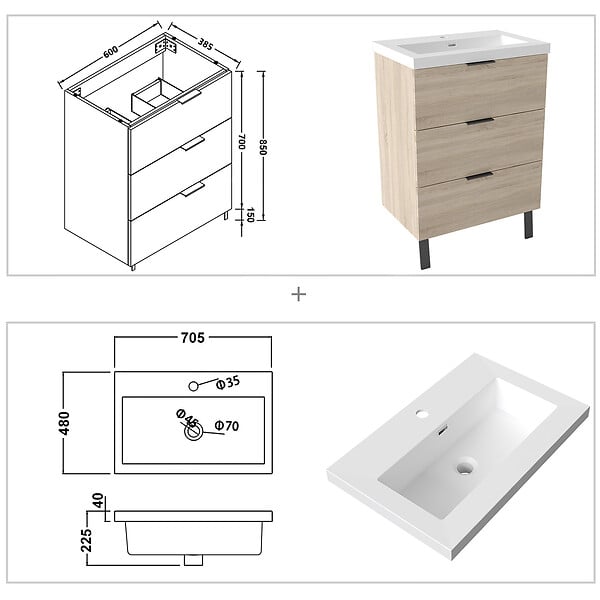 AICA SANITAIRE - AICA Meuble de salle de bain mural avec pieds 60 cm Chêne - 3 tiroirs, lavabo (jointless & résistant) - large