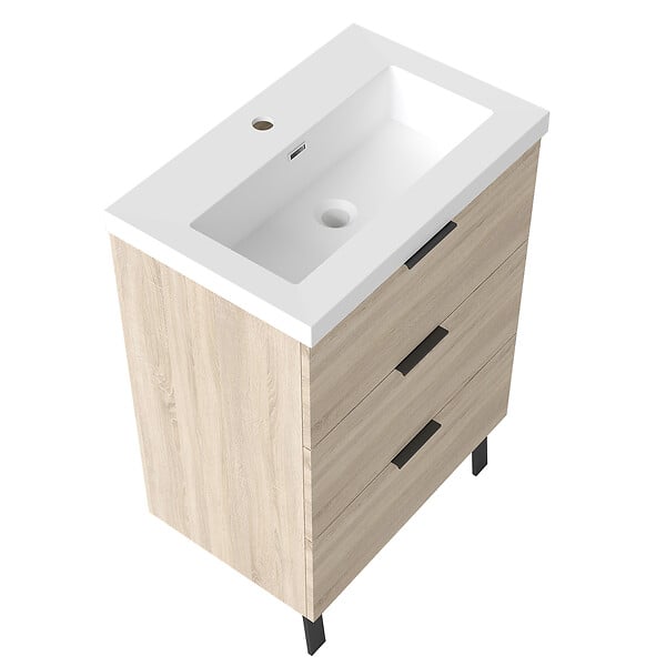 AICA SANITAIRE - AICA Meuble de salle de bain mural avec pieds 60 cm Chêne - 3 tiroirs, lavabo (jointless & résistant) - large