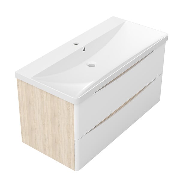 AICA SANITAIRE - AICA Ensemble Meuble Salle de Bain Suspendu 100cm, Blanc + Chêne, Moderne, Grand Tiroir - large