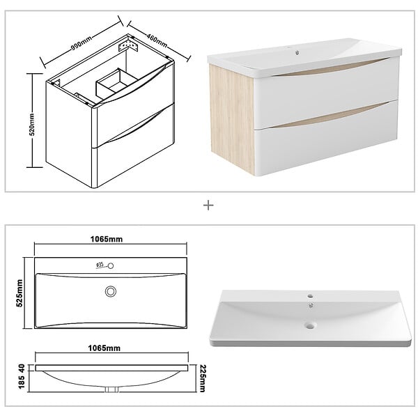 AICA SANITAIRE - AICA Ensemble Meuble Salle de Bain Suspendu 100cm, Blanc + Chêne, Moderne, Grand Tiroir - large