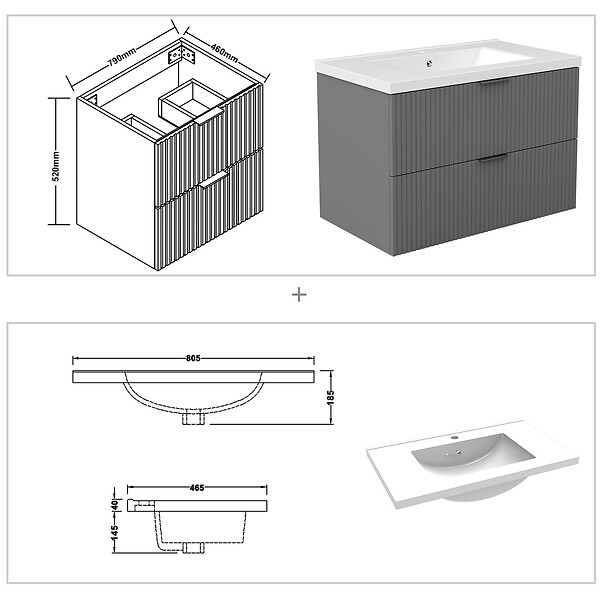 AICA SANITAIRE - AICA Meuble de salle de bain mural 80 cm Anthracite - 2 tiroirs + Lavabo Céramique - large