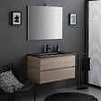 KIAMAMI VALENTINA - Meuble De Salle De Bains 90Cm 2 Tiroirs Chêne Avec Lavabo Noir, Miroir 90X70 Et Lampe | Berlin - vignette