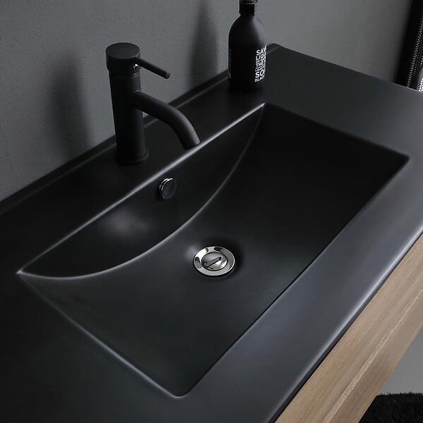 KIAMAMI VALENTINA - Meuble De Salle De Bains 90Cm 2 Tiroirs Chêne Avec Lavabo Noir, Miroir 90X70 Et Lampe | Berlin - large