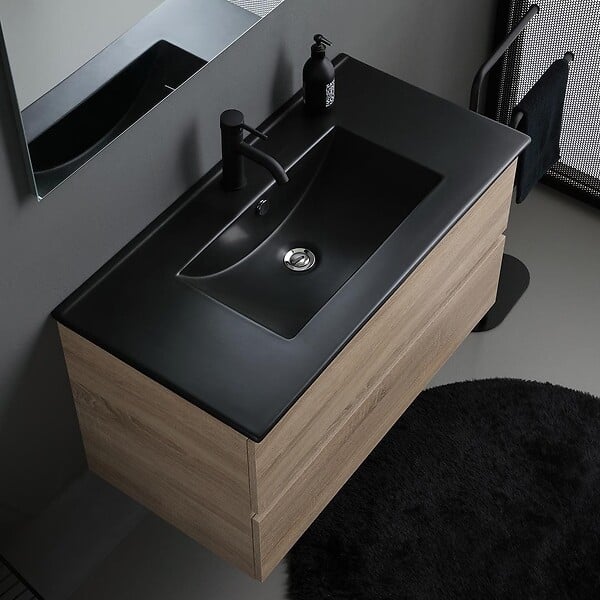 KIAMAMI VALENTINA - Meuble De Salle De Bains 90Cm 2 Tiroirs Chêne Avec Lavabo Noir, Miroir 90X70 Et Lampe | Berlin - large