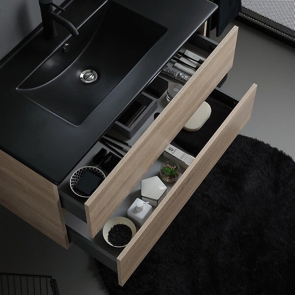 KIAMAMI VALENTINA - Meuble De Salle De Bains 90Cm 2 Tiroirs Chêne Avec Lavabo Noir, Miroir 90X70 Et Lampe | Berlin - large