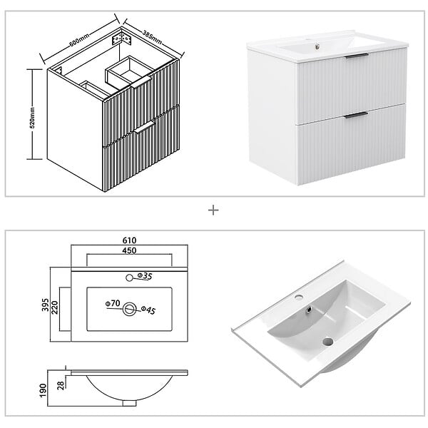 AICA SANITAIRE - AICA Meuble de salle de bain mural 60 cm Blanc - 2 tiroirs, lavabo céramique, Panneau AICA Sanitaire - large