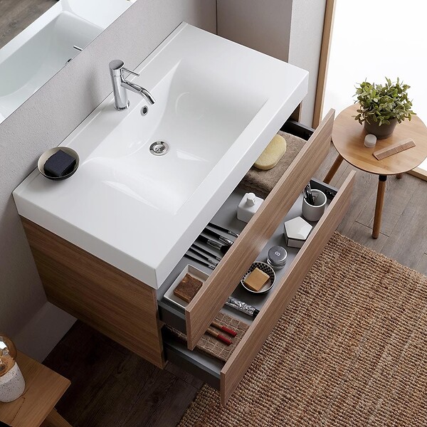 KIAMAMI VALENTINA - Meuble De Salle De Bains 90Cm Chêne Naturel Avec Lavabo Blanc Et Miroir | Valentina - large