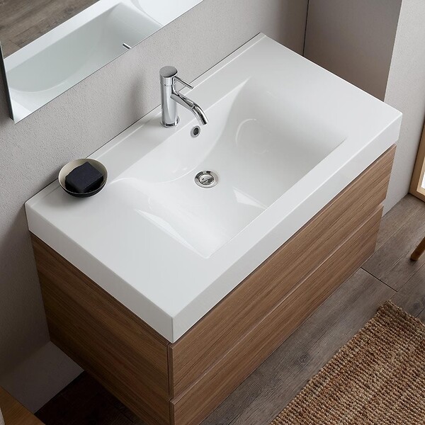 KIAMAMI VALENTINA - Meuble De Salle De Bains 90Cm Chêne Naturel Avec Lavabo Blanc Et Miroir | Valentina - large